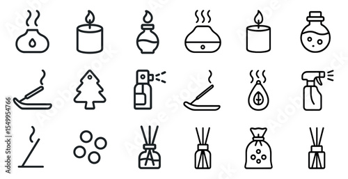 Aromatherapy and fragrance outline icons set – line, soothing, wellness symbols