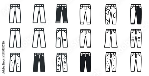 Fashion jeans silhouette icons set – flat, denim, clothing symbols