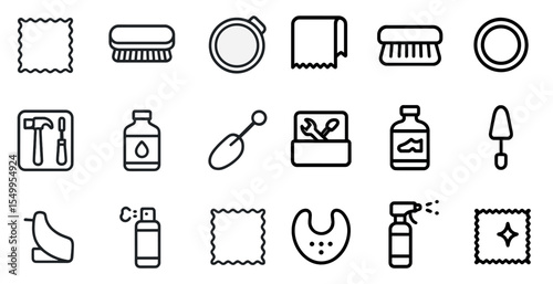 Household cleaning tools outline icons set – line, linear, home maintenance symbols