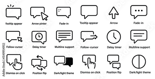 User interface outline icons set – tooltip appear, message, cursor and more designs