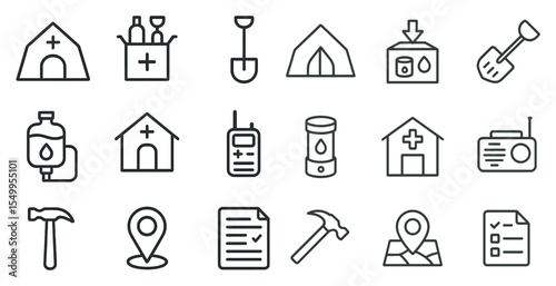 Emergency and aid outline icons set – linear, healthcare, crisis management symbols