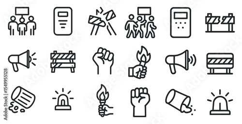 Protest and activism icons set – outline, linear, rally and demonstration symbols