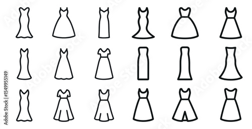 Fashion dresses outline icons set – silhouette, clothing, design symbols