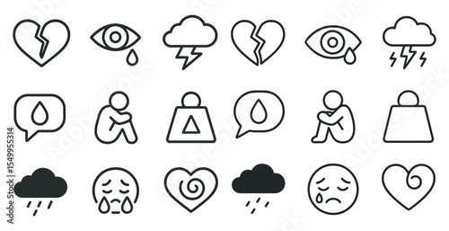 Emotion and mood outline icons set – linear, solid, feelings and mental health symbols