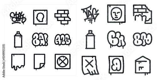 Graffiti and street art outline icons set – linear, sketch, urban culture elements
