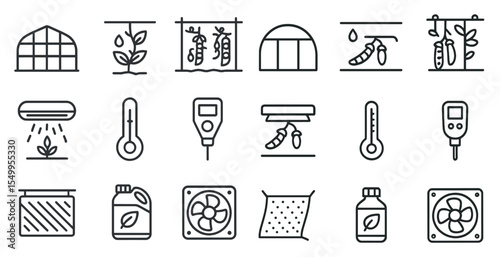 Greenhouse and gardening line icons set – outline, plant, horticulture symbols