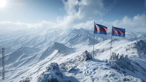 Two flags waving atop a snow-covered mountain peak against a cloudy sky backdrop