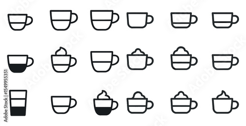Coffee drink outline icons set – line, silhouette, espresso and cappuccino symbols