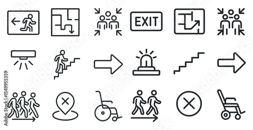 Evacuation and safety icons set – outline, linear, emergency action symbols