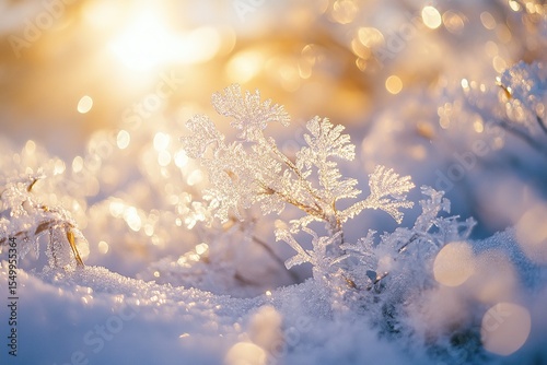 Macro photography of ice-covered Queen Anne's Lace in the winter snow, with sunlight shining on it.