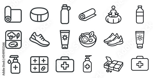Yoga and wellness outline icons set – flat, linear, meditation and fitness symbols
