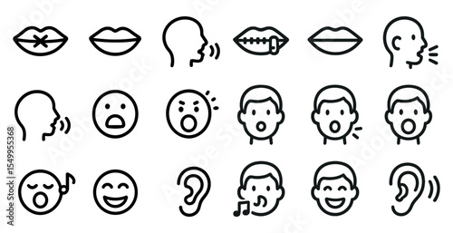 Communication and expression line icons set – linear, outline, speaking and listening symbols