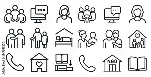Community and communication outline icons set – linear, social, connection symbols