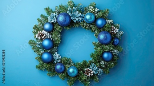 Christmas Card with Frame of Fir Branches, Blue Balls, and Festive Ornaments on Vibrant Blue Background for Holiday Greeting and Decoration.