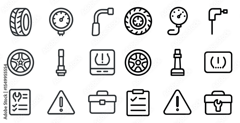 Fototapeta premium Car maintenance icon set – outline, linear, auto and vehicle care symbols