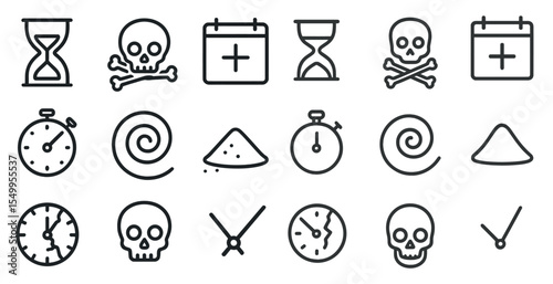 Time and danger outline icons set – hourglass, skull, countdown symbols
