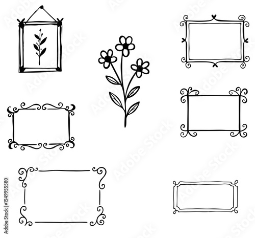 Hand-drawn floral and ornamental frames in doodle style with simple flower decor and decorative borders. Minimalist black line set concept for wedding stationery, DIY crafts, branding design studios