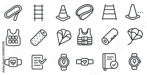 Sports and exercise outline icons set – fitness, equipment, wellness symbols