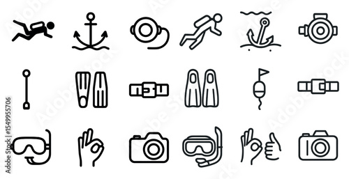 Scuba diving line icons set – outline, aquatic, marine and underwater symbols