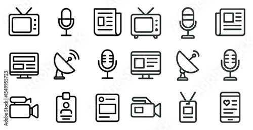 Multimedia and broadcasting outline icons set – linear, media, communication symbols