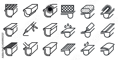 Roofing and gutter linear icons set – outline, seamless, home improvement tools