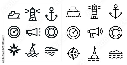 Nautical outline icons set – maritime, sea travel, marine symbols for navigation