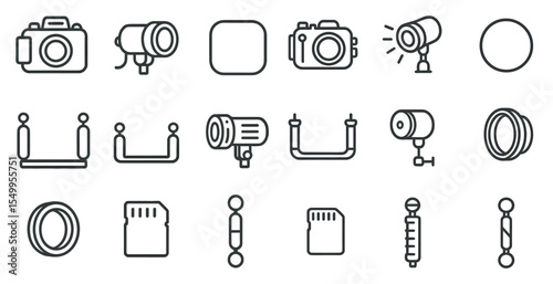Photography equipment linear icons set – outline, camera, photo gear symbols