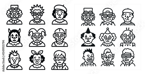 Clown flat icons set – filled, circus, playful entertainment characters