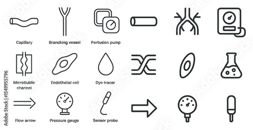 Microfluidic technology outline icons set – flat, linear, lab, and sensor symbols