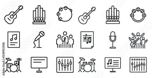 Music and entertainment line icons set – outline, band, festival symbols