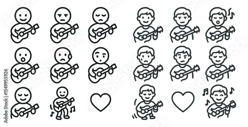 Guitar player icons set – outline, linear, music, and musician symbols