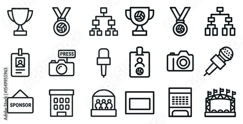 Event management outline icons set – linear, planning, and organizational symbols