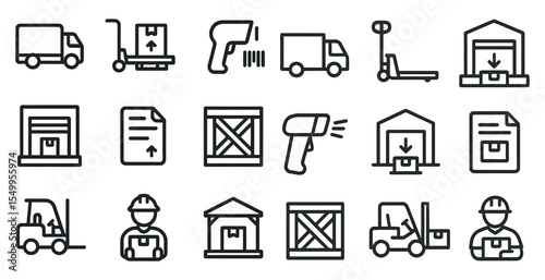 Warehouse and logistics outline icons set – line, shipping, freight management symbols