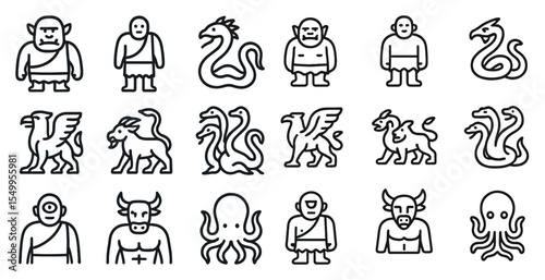 Mythical creatures outline icons set – linear, fantasy, legend symbols
