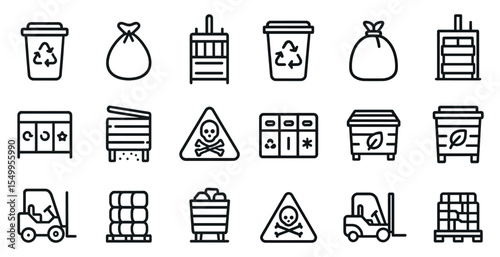 Recycling and waste management icons set – outline, linear, eco-friendly symbols