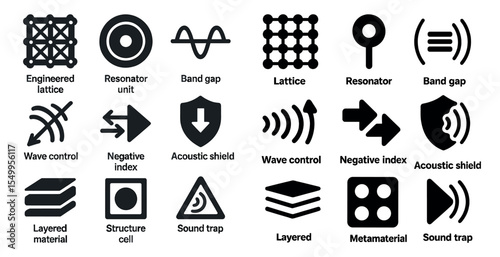 Acoustic engineering silhouette icons set – sound, wave, layers and material symbols