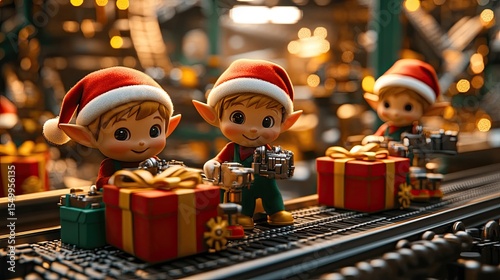 Christmas Elves Making Gifts in Toy Factory, Ideal for Holiday, Christmas, and Festive Season Themes.