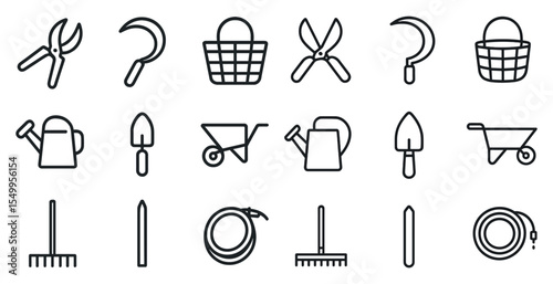 Gardening outline icons set – simple, linear, garden tools and equipment symbols