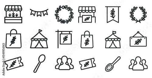 Event and market outline icons set – fair, festival, decoration symbols