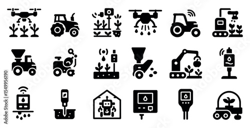 Agriculture technology solid icons set – farming, robotics, crop management visuals