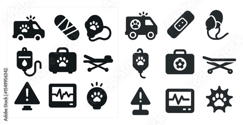Veterinary silhouette icons set – solid, flat, animal care and pet health symbols
