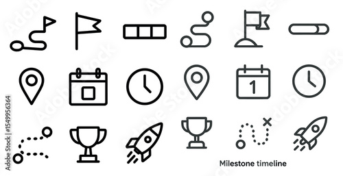 Project management outline icons set – linear, task planning, milestone symbols
