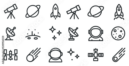 Space exploration outline icons set – astronomy, planetary, cosmic symbols