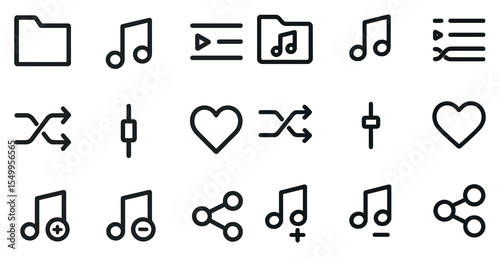 Music and media line icons set – outline, flat, audio and playlist symbols