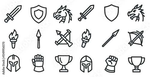 Fantasy adventure line icons set – flat, outline, medieval and mythical symbols