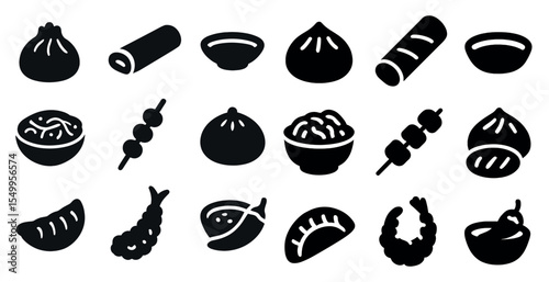Asian cuisine silhouette icons set – flat, filled, food and meal symbols