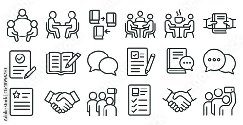 Business and communication outline icons set – linear, professional, corporate symbols