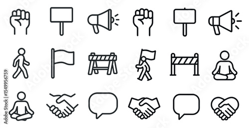 Protest and activism icons set – outline, linear, demonstration symbols and signs