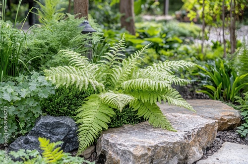Japanese garden with a rockery featuring ferns and a small tree