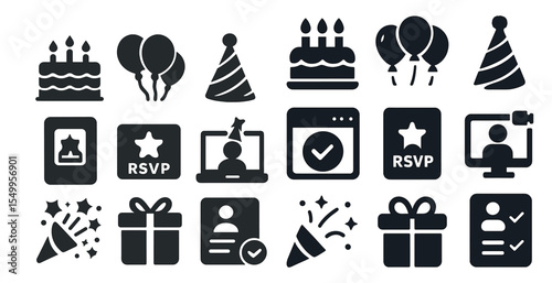 Birthday and celebration silhouette icons set – solid, festive, party symbols
